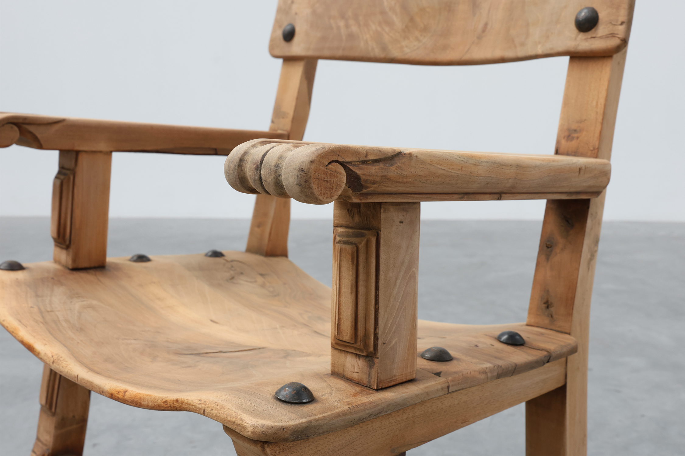 Pair of Brutalist Armchairs with Carved Rosettes and Nailed Wooden Seats, Spain, 20th Centurythumbnail